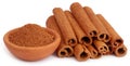 Bunch of some fresh aromatic cinnamon with powder spice