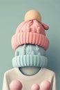 Bunch of stacked knitted pastel color sweaters scarf and hat with different knitting patterns folded on light background. Royalty Free Stock Photo