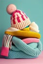 Bunch of stacked knitted pastel color sweaters scarf and hat with different knitting patterns folded on light background. Royalty Free Stock Photo