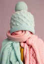 Bunch of stacked knitted pastel color sweaters scarf and hat with different knitting patterns folded on light background. Royalty Free Stock Photo