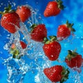 A bunch of strawberries are falling into water Royalty Free Stock Photo