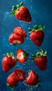 A bunch of strawberries falling into the water Royalty Free Stock Photo