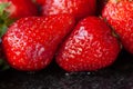 Bunch of strawberries. Wet ripe strawberries on a black background. Red berries with water drops close up. Selective focus Royalty Free Stock Photo