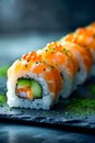 Bunch of sushi rolls with various toppings such as carrots and cucumbers. Generative AI Royalty Free Stock Photo