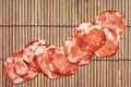 Bunch Of Ten Pork Salami Slices Set On Rustic Vintage Bamboo Place Mat Grunge Surface
