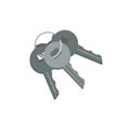 Bunch of three metallic keys hanging on ring. Key from car, house door and safe box. Concept of safety. Cartoon icon in