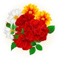 Bunch Three red roses with bud and white yellow dahlia summer flowers vintage hand draw festive background on a white background