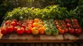 A bunch of tomatoes and green leaves on a cutting board, AI Royalty Free Stock Photo