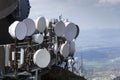 Bunch of transmitters and aerials on telecommunication tower