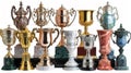 A bunch of trophies are displayed on a table with different colors, AI Royalty Free Stock Photo