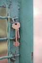 Bunch of two keys hanging on an old iron fence Royalty Free Stock Photo