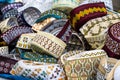 Bunch of various designed taqiyah cap or muslim prayer cap close up Royalty Free Stock Photo