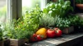 A bunch of vegetables and herbs are sitting on a window sill, AI Royalty Free Stock Photo