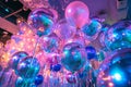 A bunch of vibrant balloons hanging from the ceiling add a pop of color to the room, Holographic balloons for a futuristic