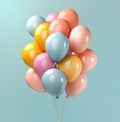 Bunch of vibrant colorful balloons over blue color background. Created with generative Ai
