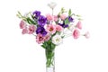 Bunch of violet, white and pink eustoma flowers in glass vase Royalty Free Stock Photo