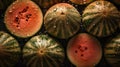 a bunch of watermelons with drops of water on them are sitting on a table top with a black surface and a black background Royalty Free Stock Photo