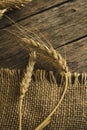 Bunch wheat ears on burlap and wooden background. Royalty Free Stock Photo