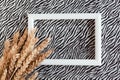 Bunch of wheat ears and photo frame on black and white background. Agriculture concept in minimalism style. Royalty Free Stock Photo