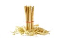 Bunch of white asparagus standing in asparagus peel, isolated on Royalty Free Stock Photo