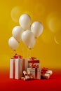 Bunch of white balloons and presents on red background with yellow wall Royalty Free Stock Photo