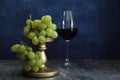Bunch of white grapes and defocused red wine glass