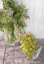 Bunch of white grapes on the table in a transparent glass container in the early morning light from the window and beautiful shado Royalty Free Stock Photo
