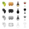 A bunch of white grapes, a wine barrel, a bottle of alcohol, a glass of wine. Winemaking set collection icons in cartoon Royalty Free Stock Photo