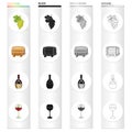 A bunch of white grapes, a wine barrel, a bottle of alcohol, a glass of wine. Winemaking set collection icons in cartoon