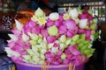 A bunch of white pink flowers and lotus buds with artfully folded petals for sale