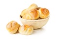 Bunch of whole, fresh baked wheat buns in baking basket Royalty Free Stock Photo
