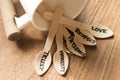 Bunch of wooden spoons laying from a white coloured coffee mug each spoon hand written with words Royalty Free Stock Photo