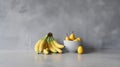 Minimalist Fruit Bowl: Yellow Bananas, Pears, And Apples On Gray Concrete