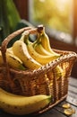Bunch of yellow bananas in a wicker basket.