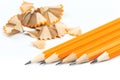 Bunch of yellow pencils with shawings and pencil sharpeners isolated on white - Image