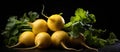 a bunch of yellow radishes with green leaves on a black background Royalty Free Stock Photo