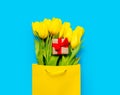 Bunch of yellow tulips and cute gift in cool shopping bag on th Royalty Free Stock Photo