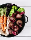 Bunch of young carrots, beets and basil on a white background of the old wooden boards vintage, fresh vegetable on backdrop kitche Royalty Free Stock Photo