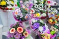 bunches of big fresh orange pink red gerbera chamomile and big white yellow blue chrysanthemum flower Royalty Free Stock Photo