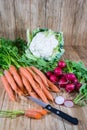 Bunches of carrots, radishes and cauliflower Royalty Free Stock Photo