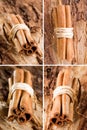 Bunches of cinnamon sticks as a collage Royalty Free Stock Photo