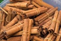 Bunches of cinnamon sticks in a herbal shop Royalty Free Stock Photo