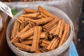 Bunches of cinnamon sticks in a herbal shop Royalty Free Stock Photo