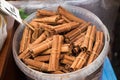 Bunches of cinnamon sticks in a herbal shop Royalty Free Stock Photo