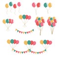 Bunches of colorful balloons in flat style vector isolated on white background. Colorful flags. Holiday banner. Royalty Free Stock Photo