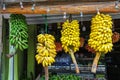 Bunches of colorful bananas hanging outside a street market stall Royalty Free Stock Photo