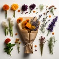 Bunches of Flowers Herbs and Dried Flowers in Kraft Packaging on White Background