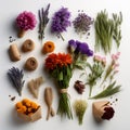 Bunches of Flowers Herbs and Dried Flowers in Kraft Packaging on White Background