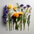 Bunches of Flowers Herbs and Dried Flowers in Kraft Packaging on White Background