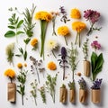 Bunches of Flowers Herbs and Dried Flowers in Kraft Packaging on White Background